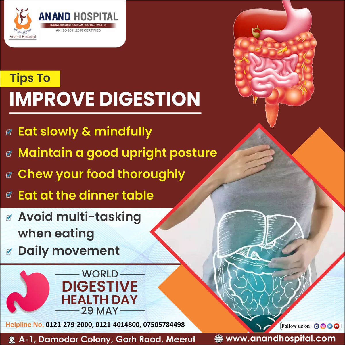 Tips To IMPROVE DIGESTION 🌟

✔️ 🍽️ Eat slowly & mindfully
✔️ 🧍‍♂️ Maintain a good upright posture

🌍 WORLD DIGESTIVE HEALTH DAY 🌍
29 MAY

.
#ImproveDigestion #DigestiveHealth #HealthyEating #MindfulEating #EatSlowly #ChewThoroughly #GoodPosture #NoMultitasking #StayActive