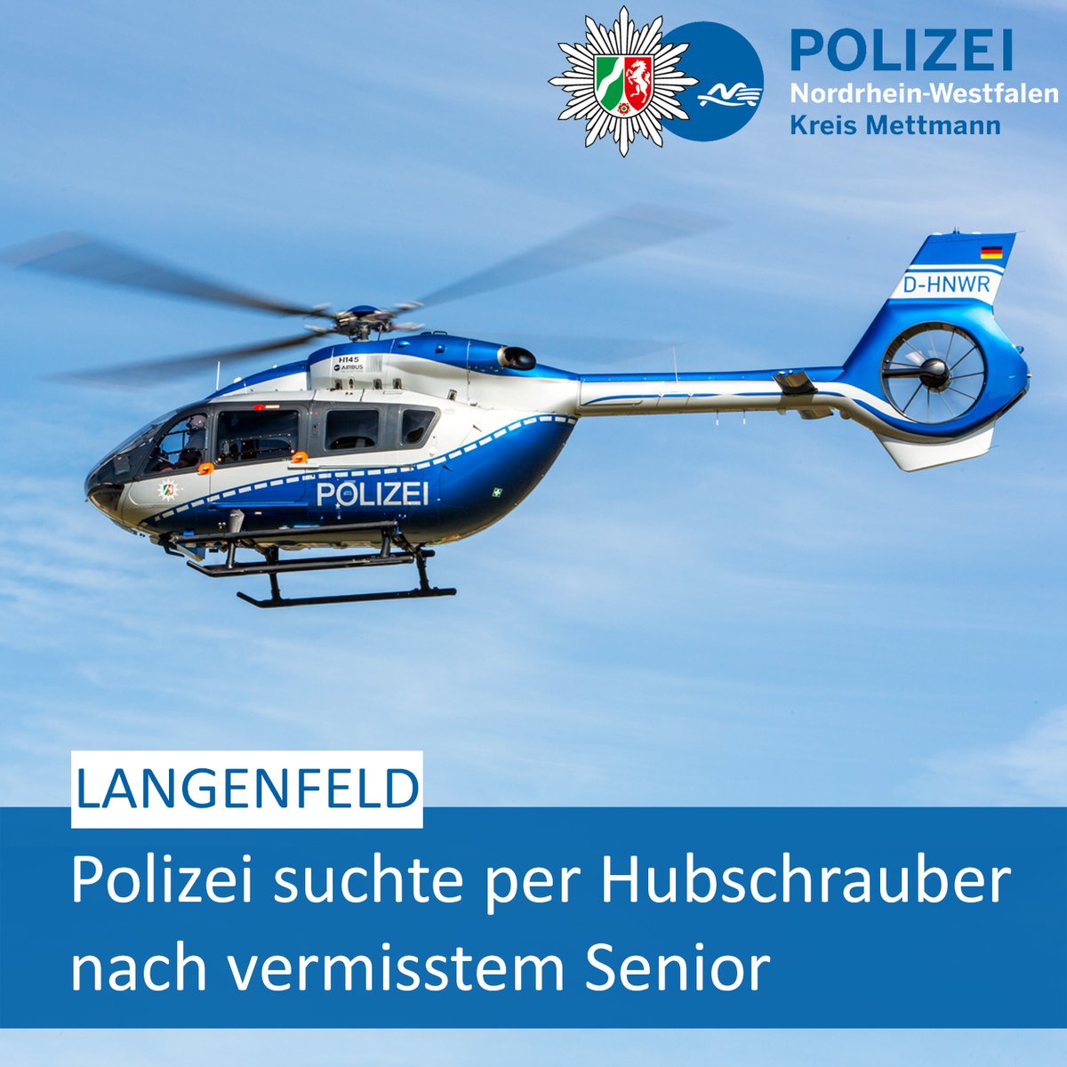 #Langenfeld: Polizei suchte nach vermisstem Senior. ▶️ Hier geht es zu unserer #Pressemeldung: 📝 fcld.ly/tq8be30. #PolizeiME👮‍♂️