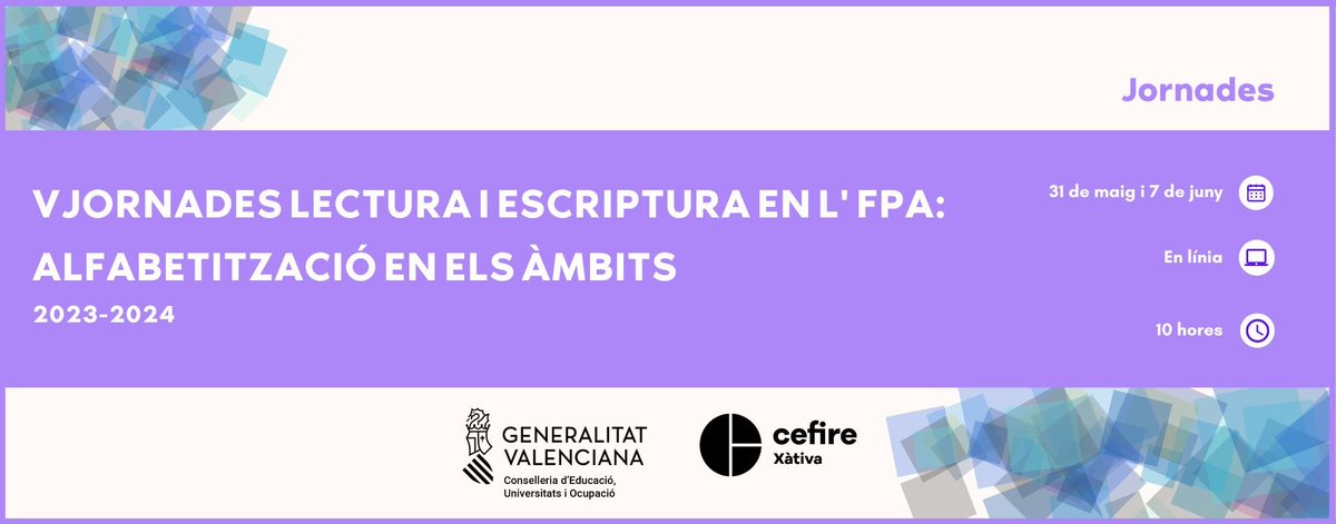 🔊🔊Publicat les llistes definitives de les "V jornades lectura i escriptura en l'FPA: alfabetització en els àmbits"
🗓️31 de maig i 7 de juny
⌛️10 hores
👇🔗més informació i consulta de les llistes en el següent enllaç: cefire.edu.gva.es/sfp/index.php?…
<a href="/GVA_Cefire/">Formació, Innovació i Recursos per al Professorat</a>