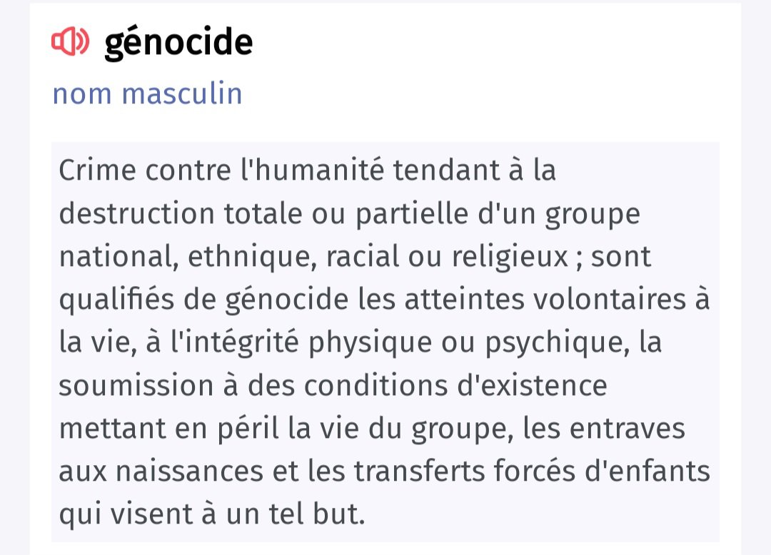 Dernier bilan à #Gaza d'après l'Unicef : - 36 050 morts - 81 000 blessés - 1.7 million en exode sur les 2.16 millions d'habitants (78.7%) - 70% des victimes sont des femmes et des enfants. Voici la définition du Larousse du mot 'Génocide'. À vous de vous faire votre opinion :