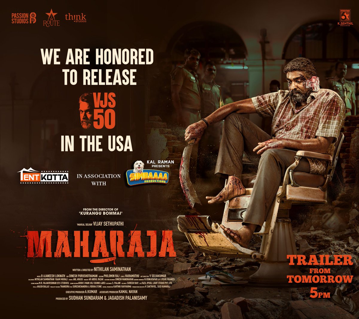 Tentkotta's tweet photo. @Tentkotta Association with #SimbaaaaProductions Honored to release @VijaySethuOffl 's 50th movie #Maharaja ๐in the USA๐บ๐ธ
Get ready to witness the world of #Maharaja from tomorrow 5 PM #MaharajaTrailerFromTomorrow #MakkalSelvan #VJS50
Written and Directed by @Dir_Nithilan
@anuragkashyap72 @mamtamohan @Natty_Nataraj
@Abhiramiact @AjaneeshB @Philoedit
@DKP_DOP @Selva_ArtDir @rajakrishnan_mr
@ActionAnlarasu @PassionStudios_ @TheRoute
@Sudhans2017 @jagadishbliss