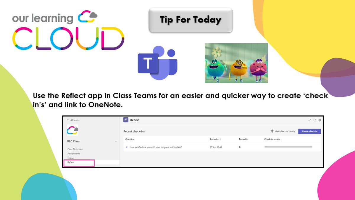 A Tip for Today!

Are you following #OLC_TFT? Check us out for top #microsoft tips and tricks to help make your working life easier!

This week's focus: #MentalHealthSupport 
@MicrosoftTeams has a great app called #Reflect!
Use the #FeelingsMonster to create quick check-ins