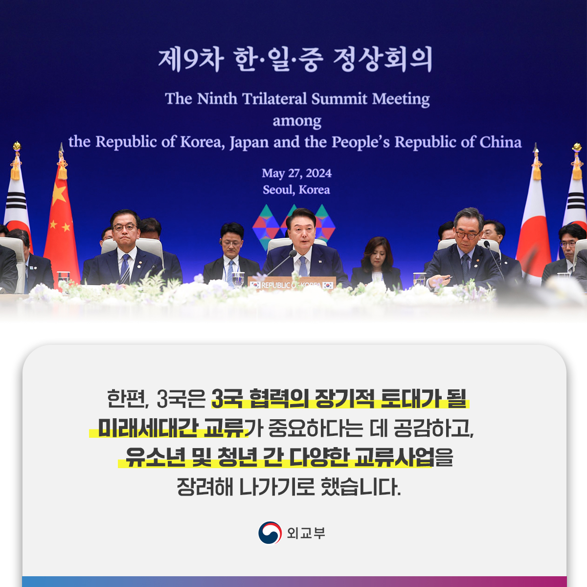 지난 5.26.~5.27.
제9차 한🇰🇷일🇯🇵중🇨🇳 정상회의가 있었는데요

우리나라가 의장국으로서 3국 협력체제 복원 주도 하고
경제·민생 관련 6대 분야에서의
성과사업을 담은 공동선언 등 카드뉴스 전해요

#한일중 #한일중정상회의 #2024한일중정상회의