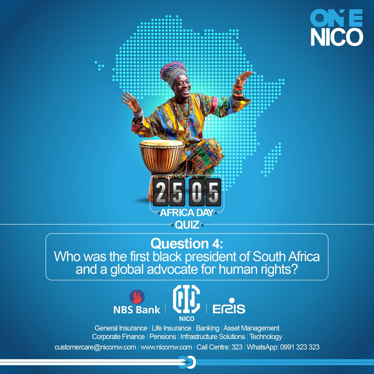 NICOGroupMalawi's tweet photo. 🙌 Who was the first black president of South Africa and a global advocate for human rights?
Share your answer! MK50,000 awaits!
NB. The FIRST correct answer wins.
#AfricaQuiz
#ItsClear
OneNICO https://t.co/FZcEKU1xAM