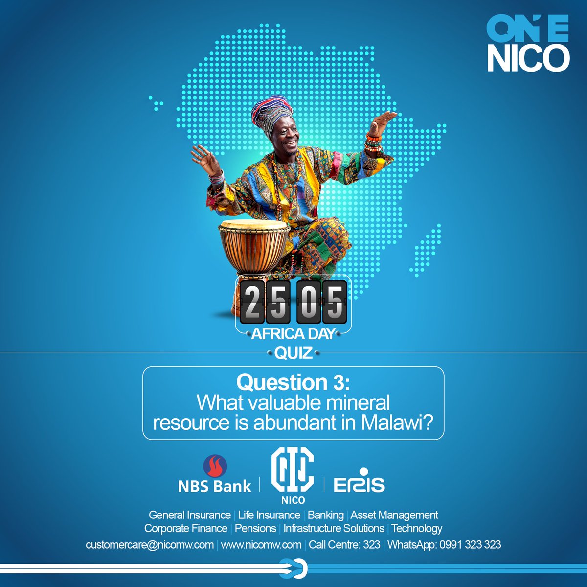 NICOGroupMalawi's tweet photo. 💎 What valuable mineral resource is abundant in Malawi?
Test your knowledge and stand a chance to win MK50,000!
NB. The FIRST correct answer wins.
#AfricaQuiz
#ItsClear
#OneNICO https://t.co/tD4M2PsQRV