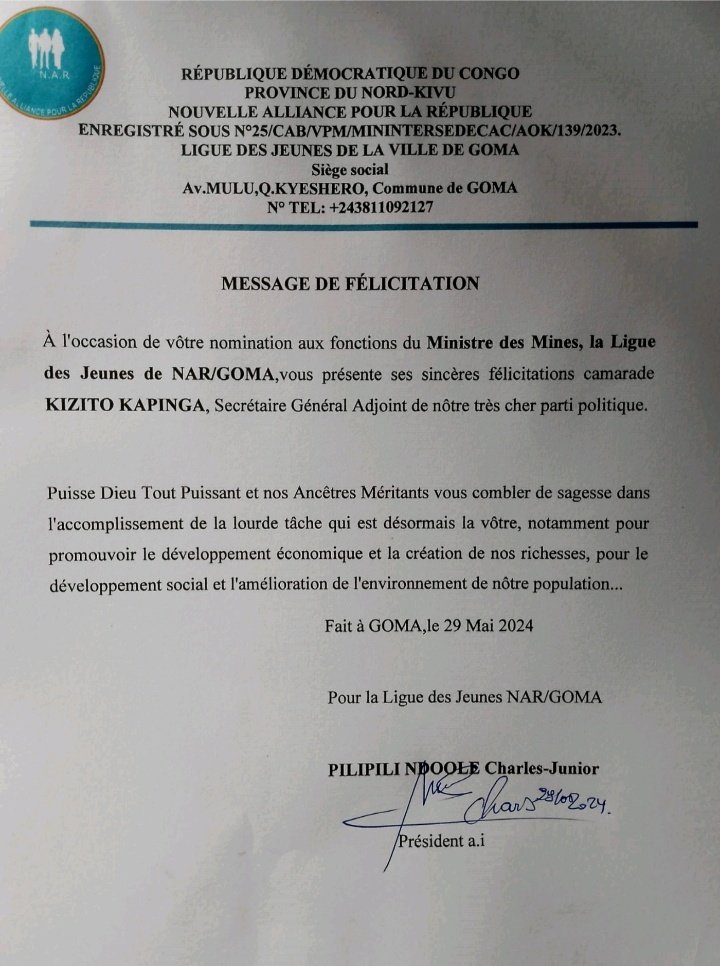 NdooleJunior's tweet photo. #RDC: Message de félicitations de la Ligue des Jeunes/GOMA au Secrétaire Général Adjoint du parti politique NOUVELLE ALLIANCE POUR LA RÉPUBLIQUE,Kizito #Kapinga,promu Ministre des Mines.
#PNCJr https://t.co/FXiXyWkgZv