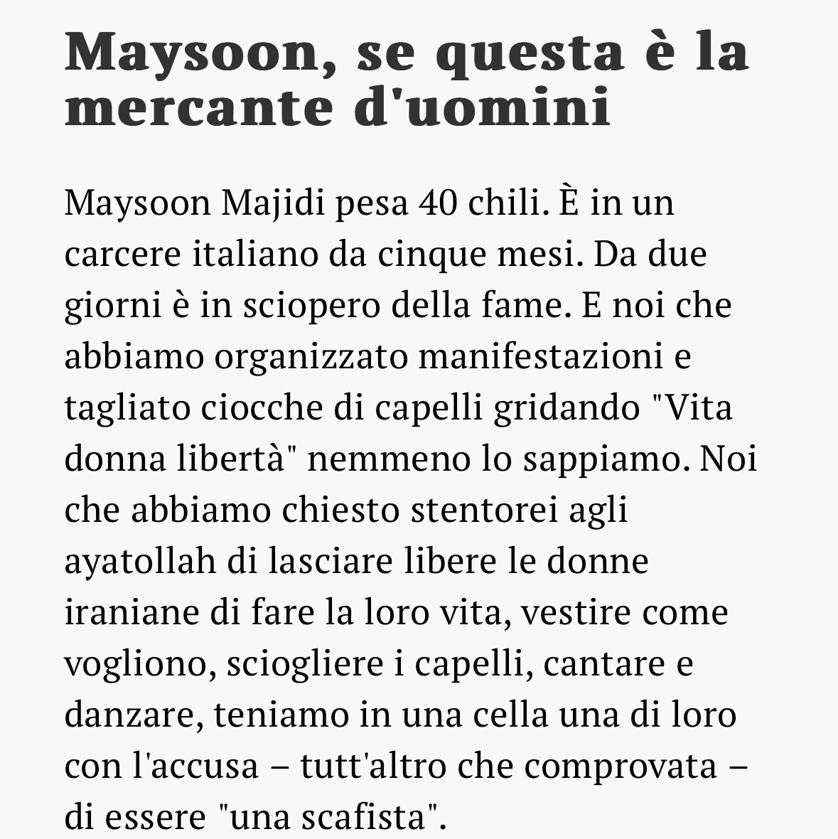 Abbiamo gridato Donna, vita, libertà fingendo una solidarietà vuota, se non dà rifugio. Maysoon Majidi è in carcere, accusata di essere una scafista da un Paese che credeva l’aveebbe protetta. Oggi su <a href="/LaStampa/">La Stampa</a>