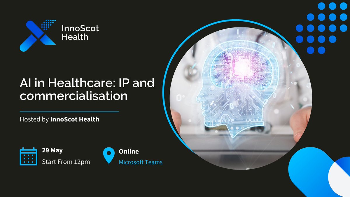 Today's webinar will look at the artificial intelligence (#AI) in healthcare and how innovators should best maximise and protect its benefits; with JD Blackwood (@iCAIRD_Scot, @NHSForthValley) and Joanna Boag-Thomson (@shepwedd). Register before 12pm 👉 innoscot.com/events/ai-heal…