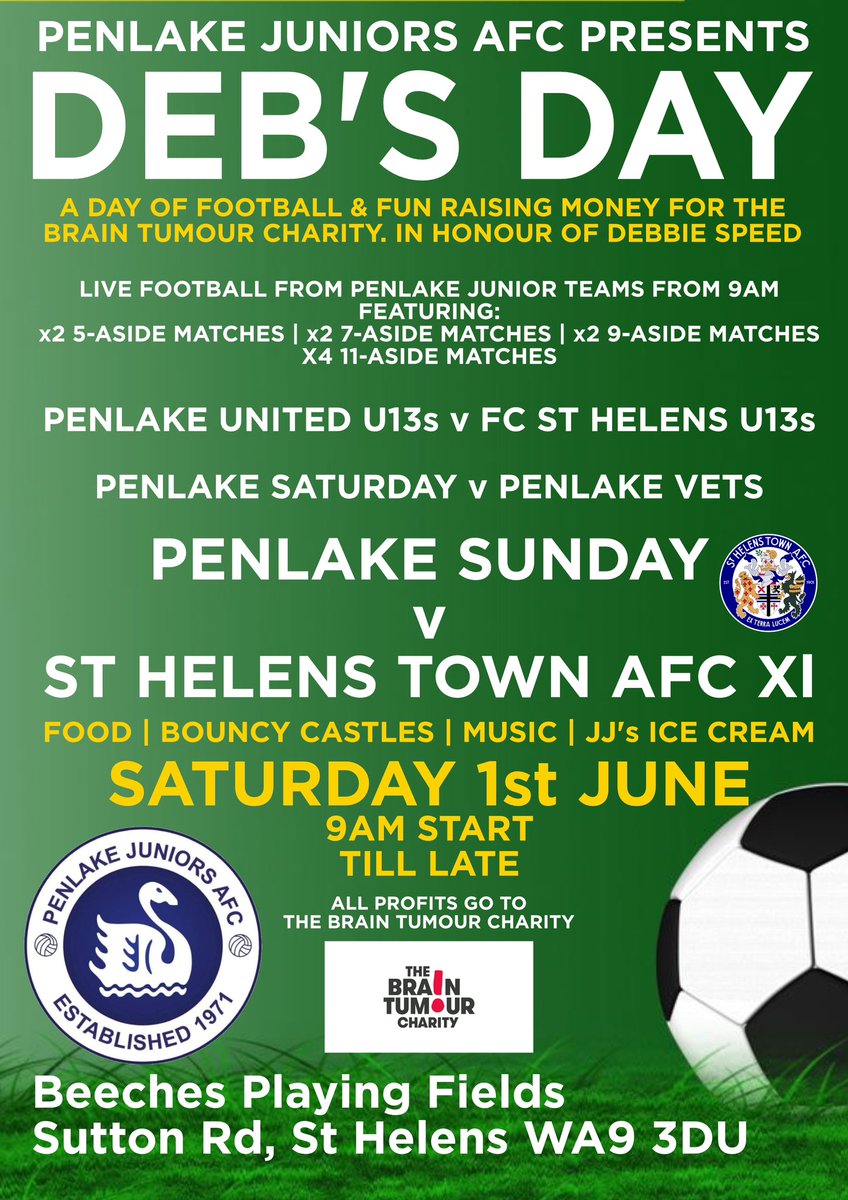 💙⚽️This Saturday we will be partnering up with our friends at Penlake to help raise money for <a href="/BrainTumourOrg/">The Brain Tumour Charity</a> as part of Deb’s Day. Money will be being raised on the day but you can also give on the JustGiving page… bit.ly/Penlake
#braintumourcharity