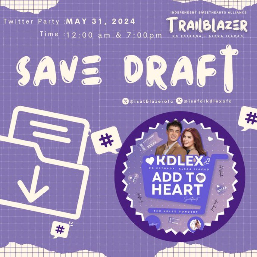 Calling all #KDLEXSweethearts and Solids! We're throwing a HUGE trending party for the upcoming KD and Alexa Concert, Add To Heart! This is gonna be epic! Here's the plan: - Kindly SAVE DRAFTS. - Trending Party starts at 12 midnight (May 31st)! Let's flood Twitter/X with our