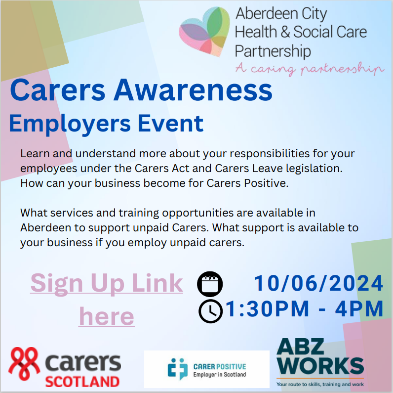 We are excited to be part of Aberdeen City Health & Social Care Partnership's Carers Awareness Employers Event on Mon 10th June. 

Sign up to secure your place and find out how your business can support carers you employ - outlook.office365.com/book/Employers…

#NoOneLeftBehind #CarersWeek