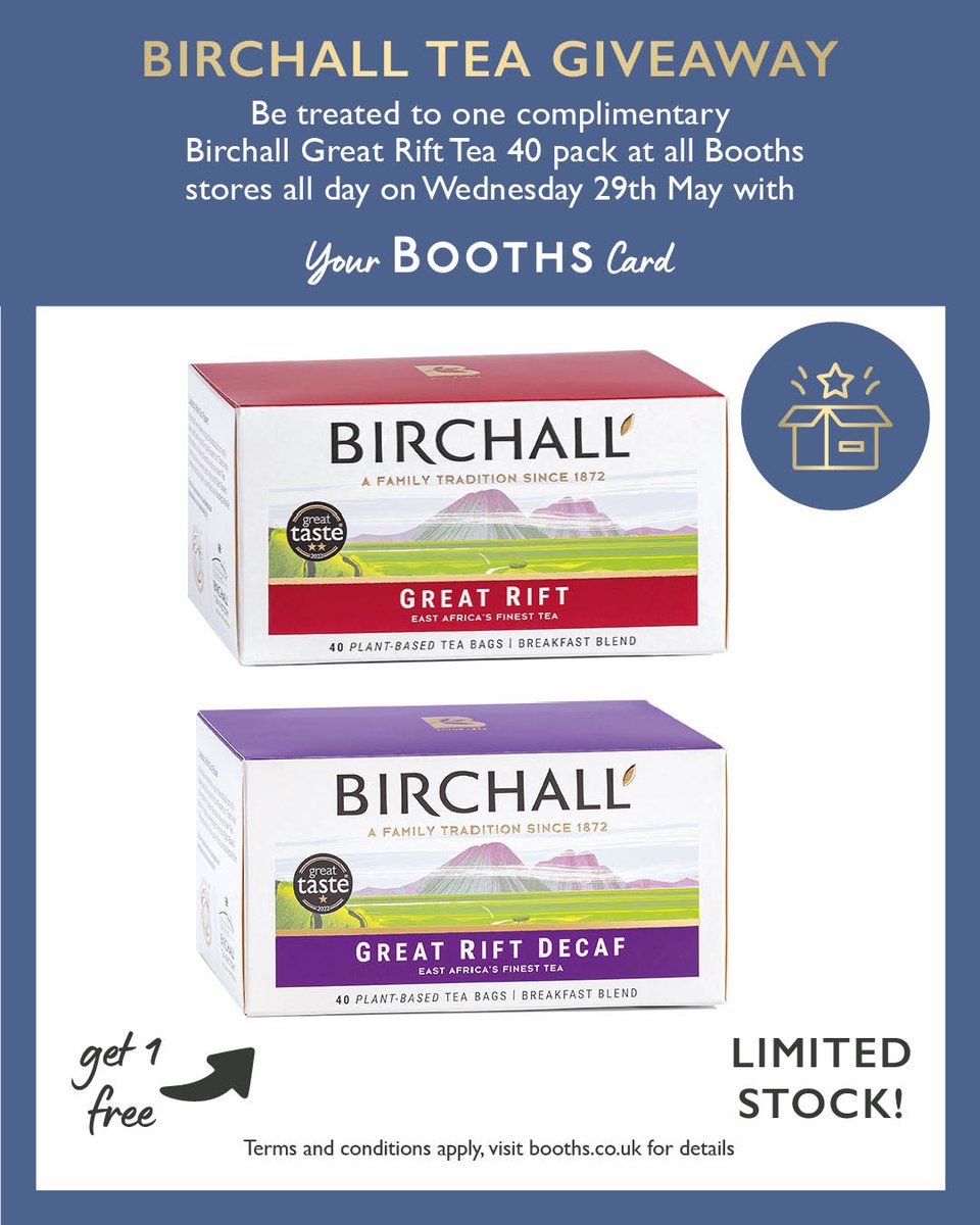 TODAY! Our Booths Cardholder giveaway is this Wednesday 29th May with Birchall Great Rift Tea! 🙌 If you don't have a Booths card you're too late for this giveaway, sign up online to take advantage of future freebies booths.co.uk/register/