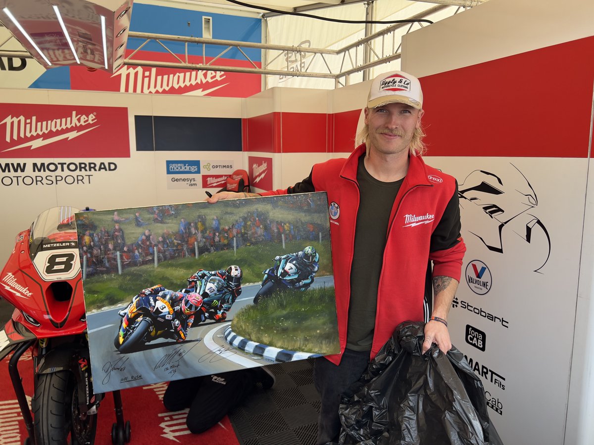 NOW SIGNED !! Thanks to @DaveyTodd74 @peterhickman60 @JoshBrookes Our annual Back A Newcomer raffle. Tickets are £5, a unique painting by @jeffrushartworx  80 x 60 plus a signed 60 x 40 canvas of the original photo 2nd prize #backanewcomer @ManxGrandPrix Message for tickets