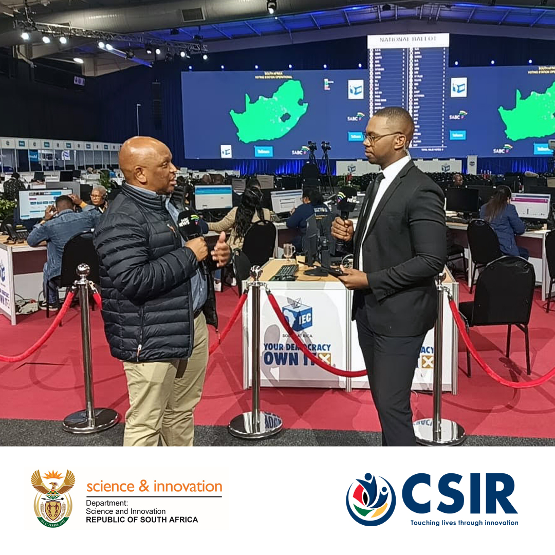 #BTS from the #SAelections24 ROC: #TeamCSIR Strategic Partnerships Manager, Dr Ndumiso Cingo, speaking to SABC about the CSIR election prediction model. To find out more, please visit csir.co.za/2024-national-…