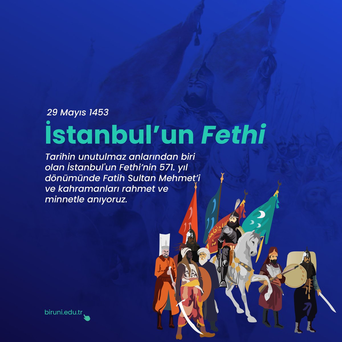 Tarihin unutulmaz anlarından biri olan İstanbul'un Fethi’nin 571. yıl dönümünde Fatih Sultan Mehmet’i ve kahramanları rahmet ve minnetle anıyoruz.