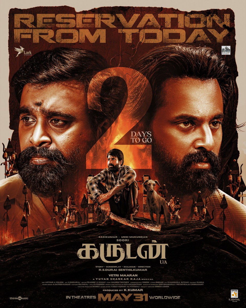 2 days left! ⏳ Booking for #Garudan opens TODAY ❤️‍🔥 Get your tickets now and prepare for an epic adventure 🦅💥 In cinemas from MAY 31st Starring: @sooriofficial @SasikumarDir @Iamunnimukundan Written and Directed by @Dir_dsk An @thisisysr musical #VetriMaaran