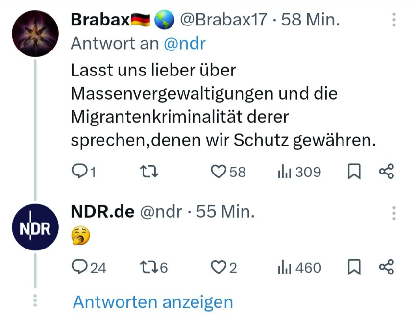 WTF: So regaiert das Social Media Team vom #NDR auf Massenvergewaltigungen und Migrantenkriminalität.

Der Kommentar ist mittlerweile gelöscht.