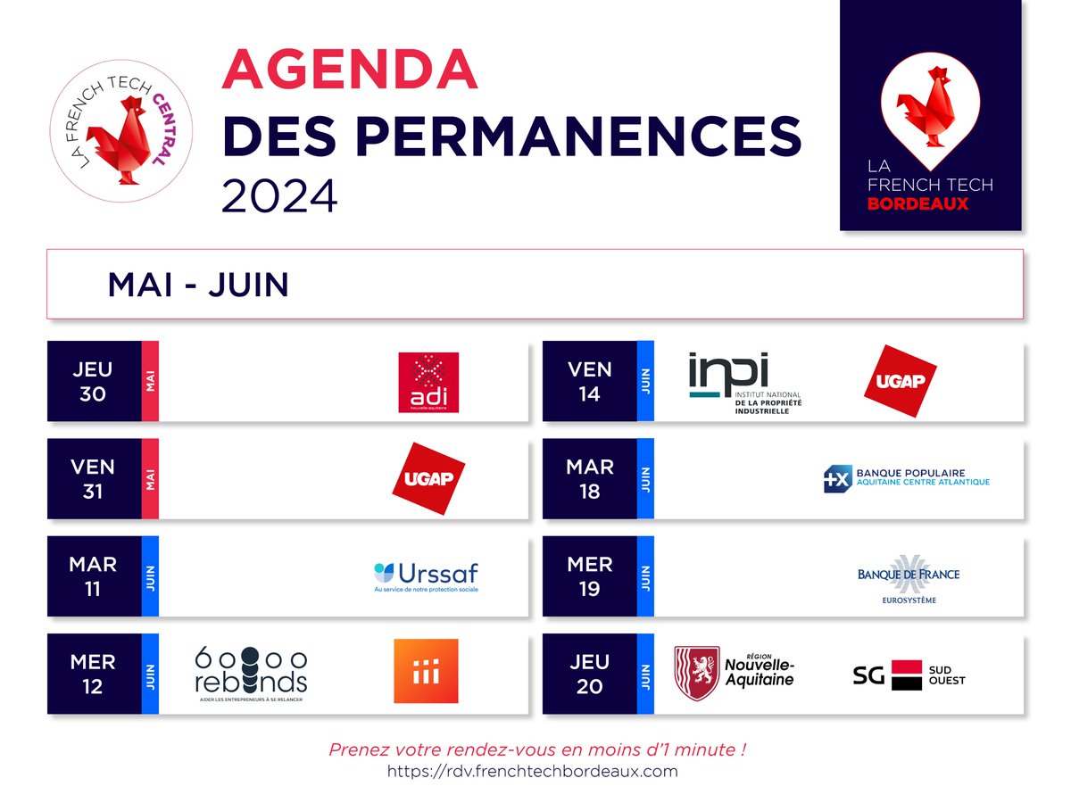 📆 Le calendrier des RDV #FrenchTechCentral est disponible☝️ Bénéficiez de l'expertise de @ADI_N_A, @ugap, @UrssafAquitaine, @60000rebondsfr, @INPIFrance, @BanquePopulaire, @banquedefrance, @NvelleAquitaine, @SG_etvous 🤝 Vos RDV en moins d'1 minute 👉 rdv.frenchtechbordeaux.com