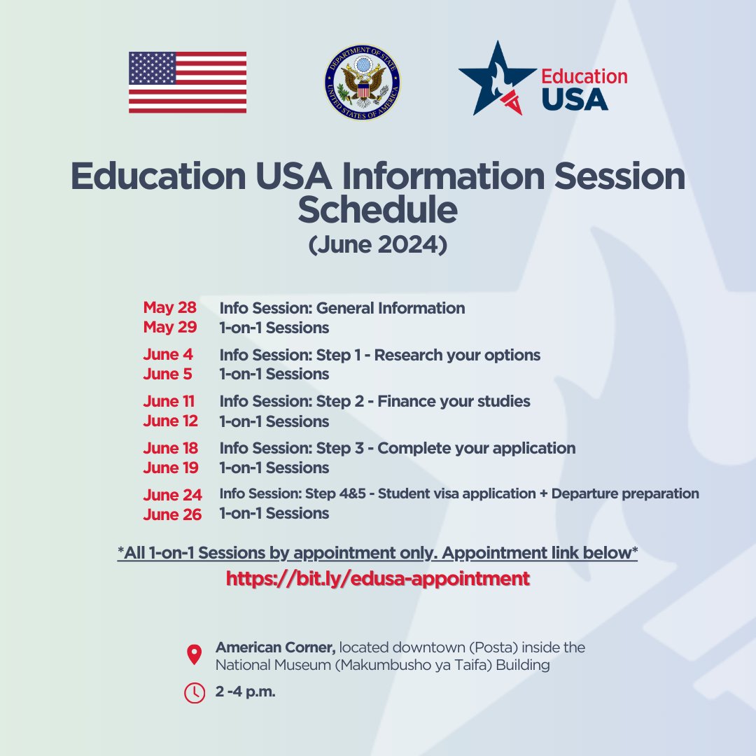 EducationUSA welcomes you to free advising sessions offered on Tuesdays at the American Corner located downtown Posta inside the National Museum from 2 p.m. to 4 p.m. On Tuesday sessions you will learn more about opportunities to study in the U.S. as well as steps involved in the