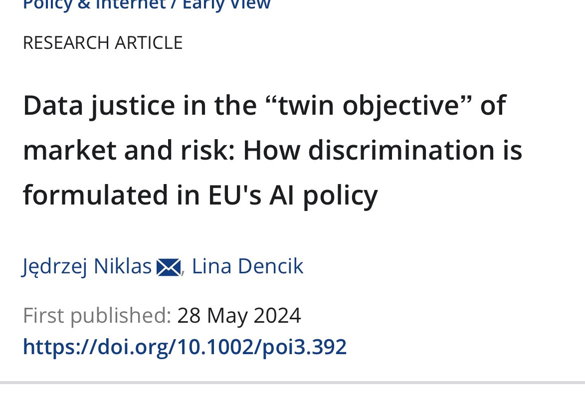 Published! Our work with <a href="/LinaDencik/">Lina Dencik</a> on EU AI policy and how discrimination  is formulated here: it’s about risk, bureaucracy and market. Also how can we problematise data justice in policy processes, because it’s not always what you wished for onlinelibrary.wiley.com/doi/abs/10.100…