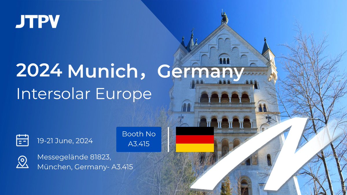 😎We're excited to extend a heartfelt invitation for you to join us at #Intersolar Europe 2024 in Munich, Germany!
Date: June 19-21, 2024
Location：Booth A3.415, Messe München, Messegelände 81823 München, Germany
#JTPV #IntersolarEurope #Munich #SolarInnovation #MoNoSeries