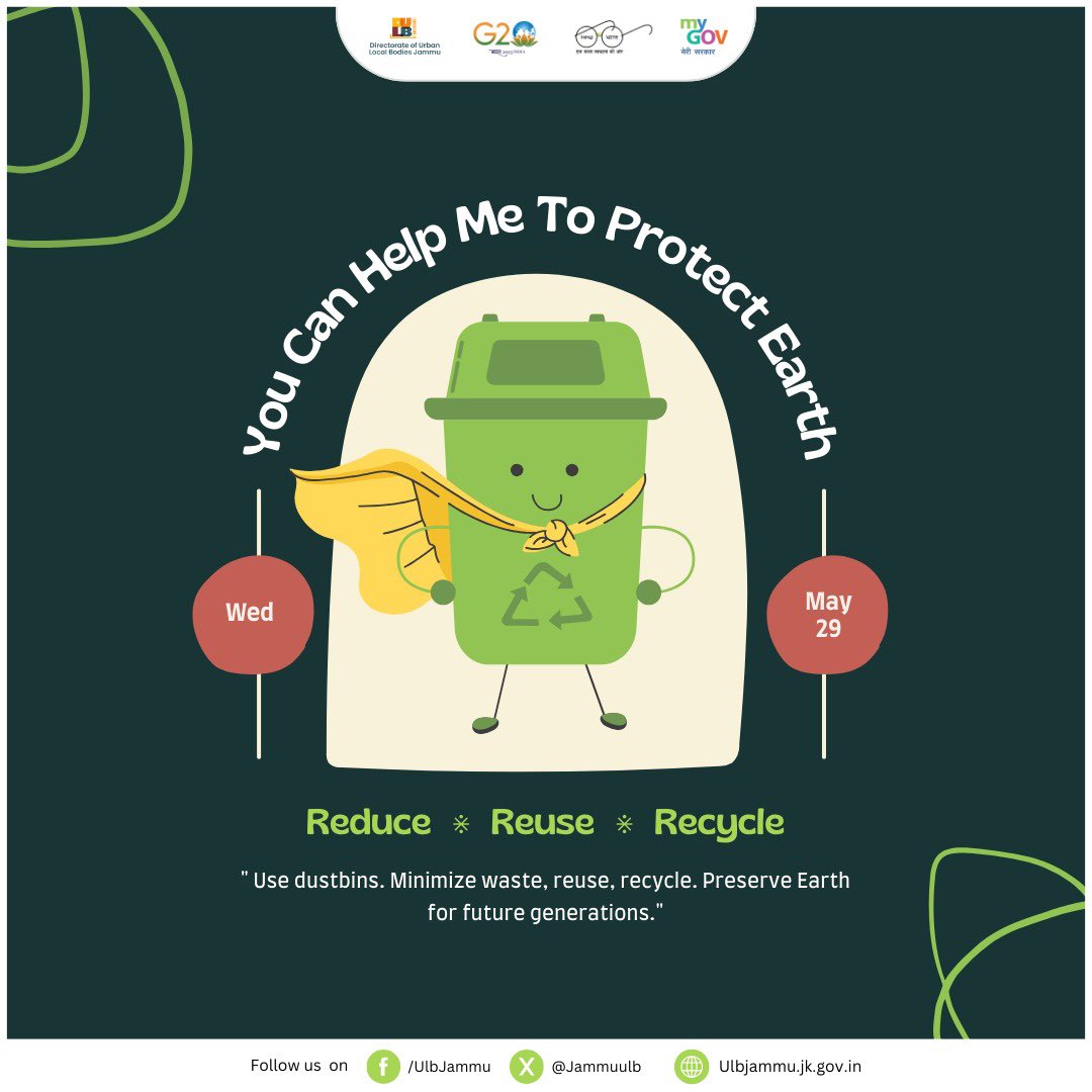 #RRR use Dustbins, minimise waste, recycle, preserve Earth for future generations. #Saveearth #Gogreen 

@OfficeOfLGJandK 
@MoHUA_India 
@SwachhBharatGov 
@md_sbm 
@SwachSurvekshan 
@RoopaMishra77 
@CCACoalition