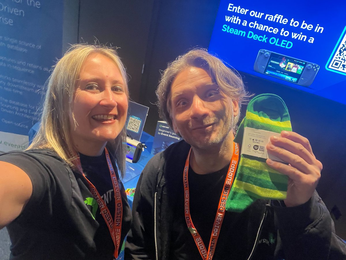 Natasha Waldron and Yves Lorphelin are all set up at <a href="/ddd_eu/">DDD Europe</a> and ready to chat to you about your event-native applications and how EventStoreDB can help. We've got lots of goodies to giveaway (including socks!), you can find our booth upstairs, so come and say hi 👋