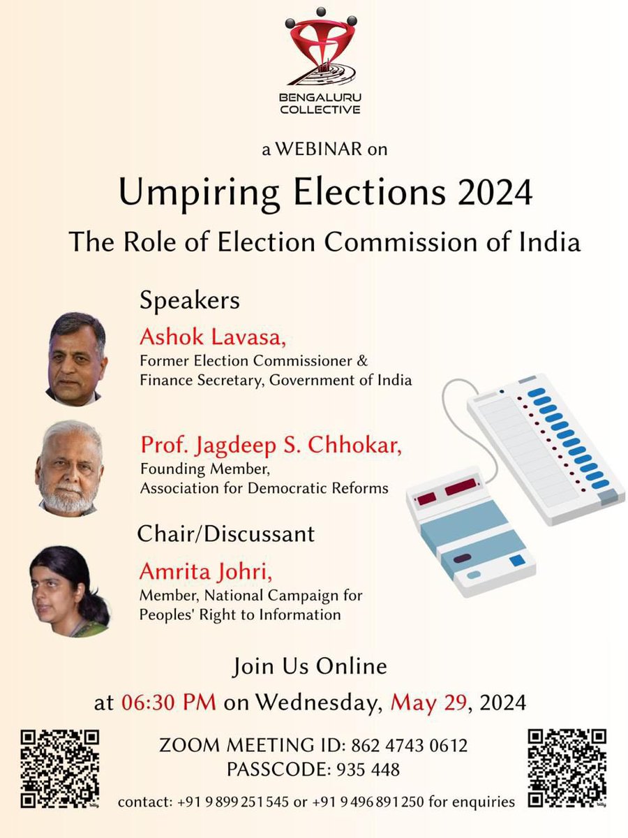 Do join the important discussion being organised by the Bengaluru Collective today at 6:30pm 📢 Umpiring Elections 2024: The Role of Election Commission of India