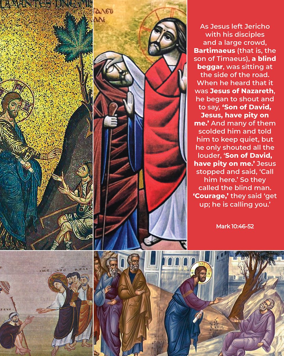 Bartimaeus, a blind beggar, was sitting at the side of the road. When he heard that it was #Jesus of Nazareth, he began to shout and to say, ‘Son of David, Jesus, have pity on me.’ 

[Mark 10:46-52]

instagram.com/carmelitesaet

#scripture #lectiodivina #healing #faith #miracle