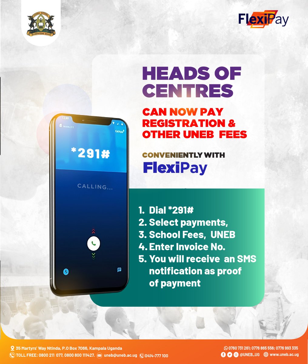 Heads of centres can now pay registration and other UNEB fees conveniently with #Flexipay