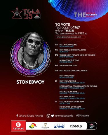 Text A6 to shortcode 1767 on Telecel Ghana (formerly Vodafone Ghana) to vote for @Stonebwoy to win Big and the overall Artiste Of The Year at the #25thTGMA. 

Voting ends this week #StonebwoyForAOTY