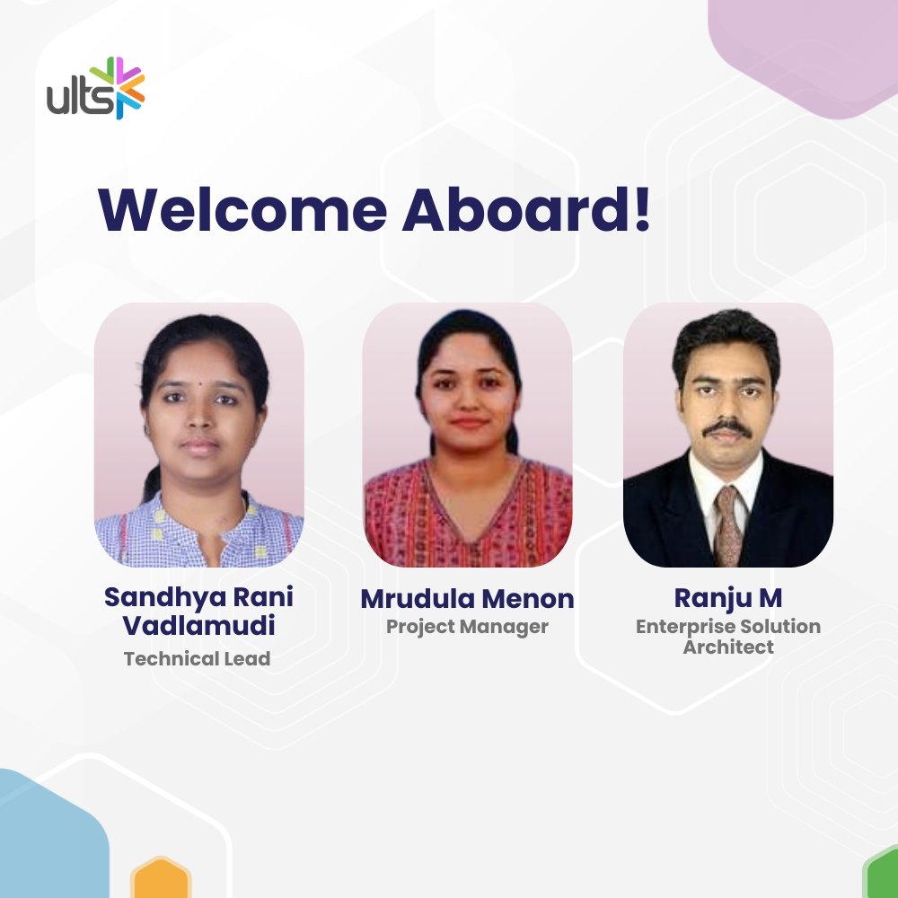 New faces, new beginnings! 🌟 Welcome aboard, Mrudula Menon, Sandhya Rani Vadlamudi, and Ranju M! We are excited to have you with us. Here's to a journey filled with growth, success, and memorable achievements! #ULTS #ULites #MeetOurTeam #WelcomeAboard #WelcomeToULTS