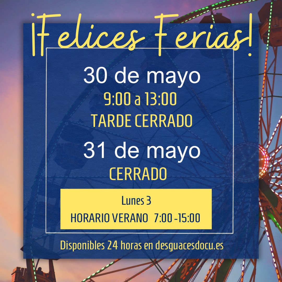 ¡Estamos de feria! 🎡 Desguaces DOCU tiene horario especial. Pero puedes adquirir tu recambio 24/7 en nuestra tienda online desguacesdocu.es 

¡Felices Ferias de San Fernando 2024! 🥳

#DesguacesDOCU #DOCU #Ferias #SanFernando