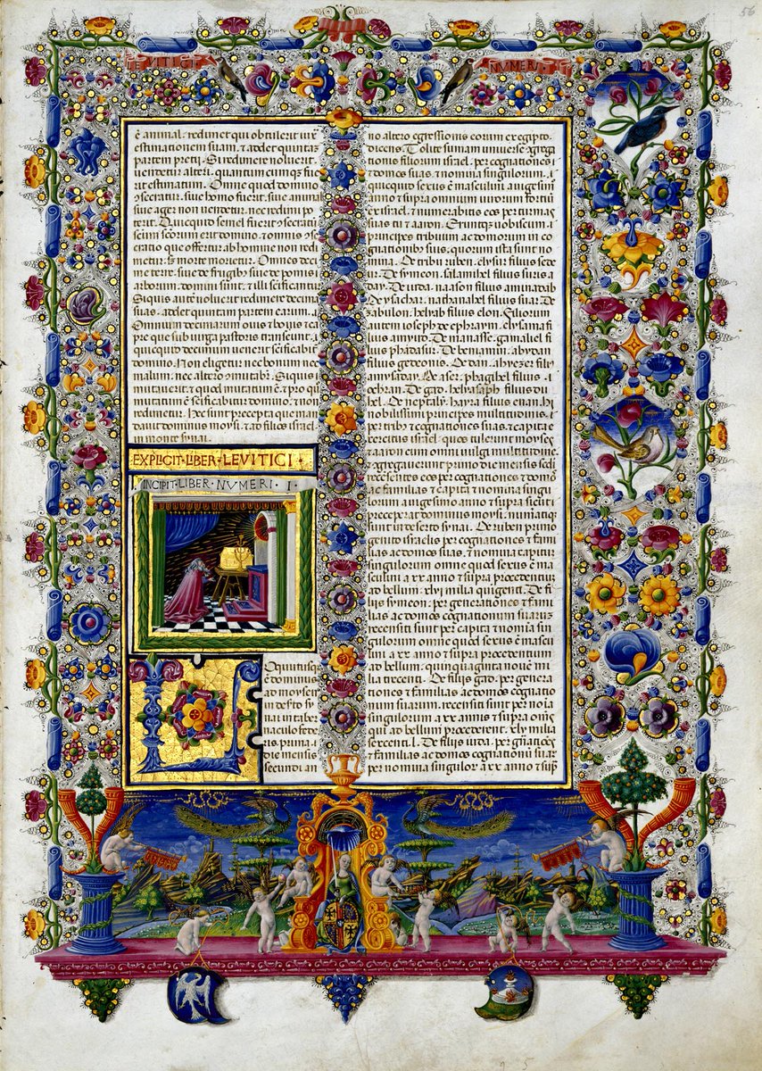 Even reading the Book of Numeri is fun when you come across an opening page like this...
Bible of Borso d’Este (1455-1461)
Modena, Biblioteca Estense Universitaria, Ms.V.G.12, f. 56r; illuminators: Taddeo Crivelli and Franco dei Russi