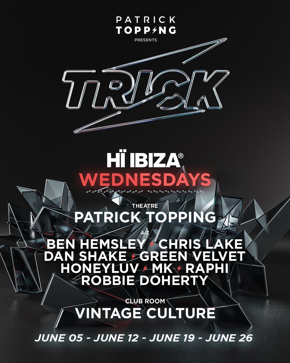 Ibiza incoming! Bringing Trick to Hï’s main room with this unreal lineup ⚡️⚡️🇪🇸 What an honour this is Two of the dates are moving forward to support Fisher’s paternity leave 🤍