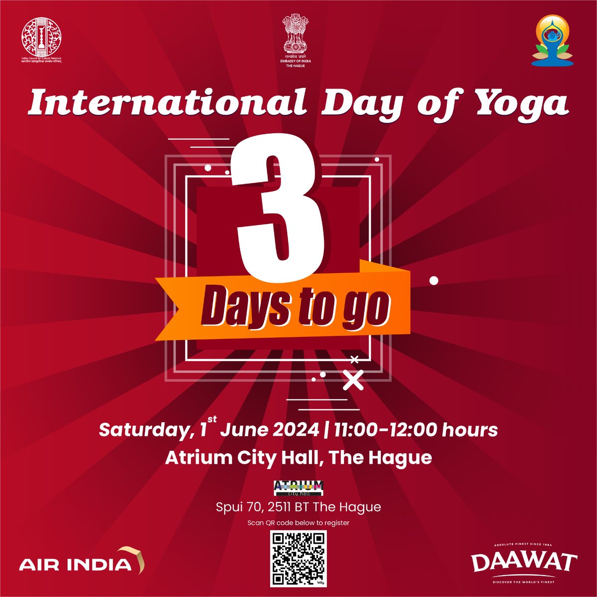 #IDY2024 celebrations in Den Haag ! Join us for the 10th #InternationalDayofYoga2024 on Saturday, 1st June
@AtriumCityHall in association with @GemeenteDenHaag

We encourage to carry your own yoga mat.  Register @ bit.ly/4b7fWIY or scan QR code👇 
#countdown #yoga