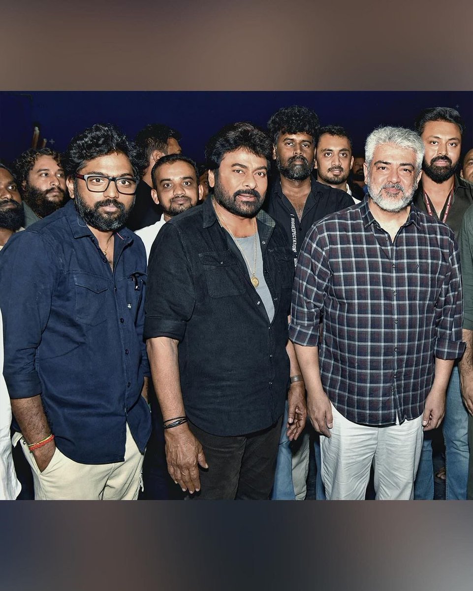 A surprise visit that left everyone in awe! 😍 #AjithKumar dropped by to meet Megastar @KChiruTweets and the #Vishwambhara team on set, sharing some unforgettable moments together. ❤️ #Chiranjeevi