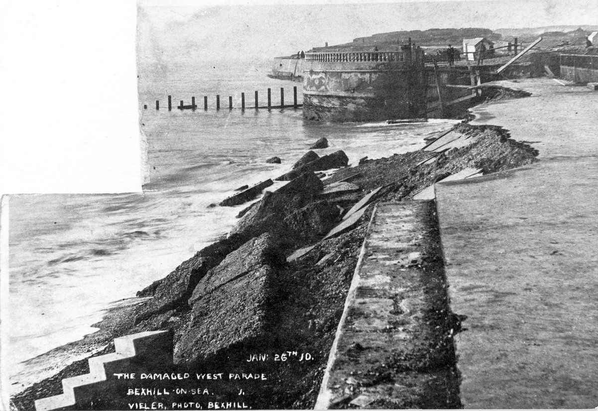 'The Damaged West Parade. Bexhill-On-Sea. Vieler, Photo, Bexhill. Jan 26th 10.' Storm damage to West Parade seawall, #Bexhill #Sussex #Postcard 26.1.1910. #Photo by Herbert Vieler (1878-1950). #Seaside #Storm #History #1910s #Postcards