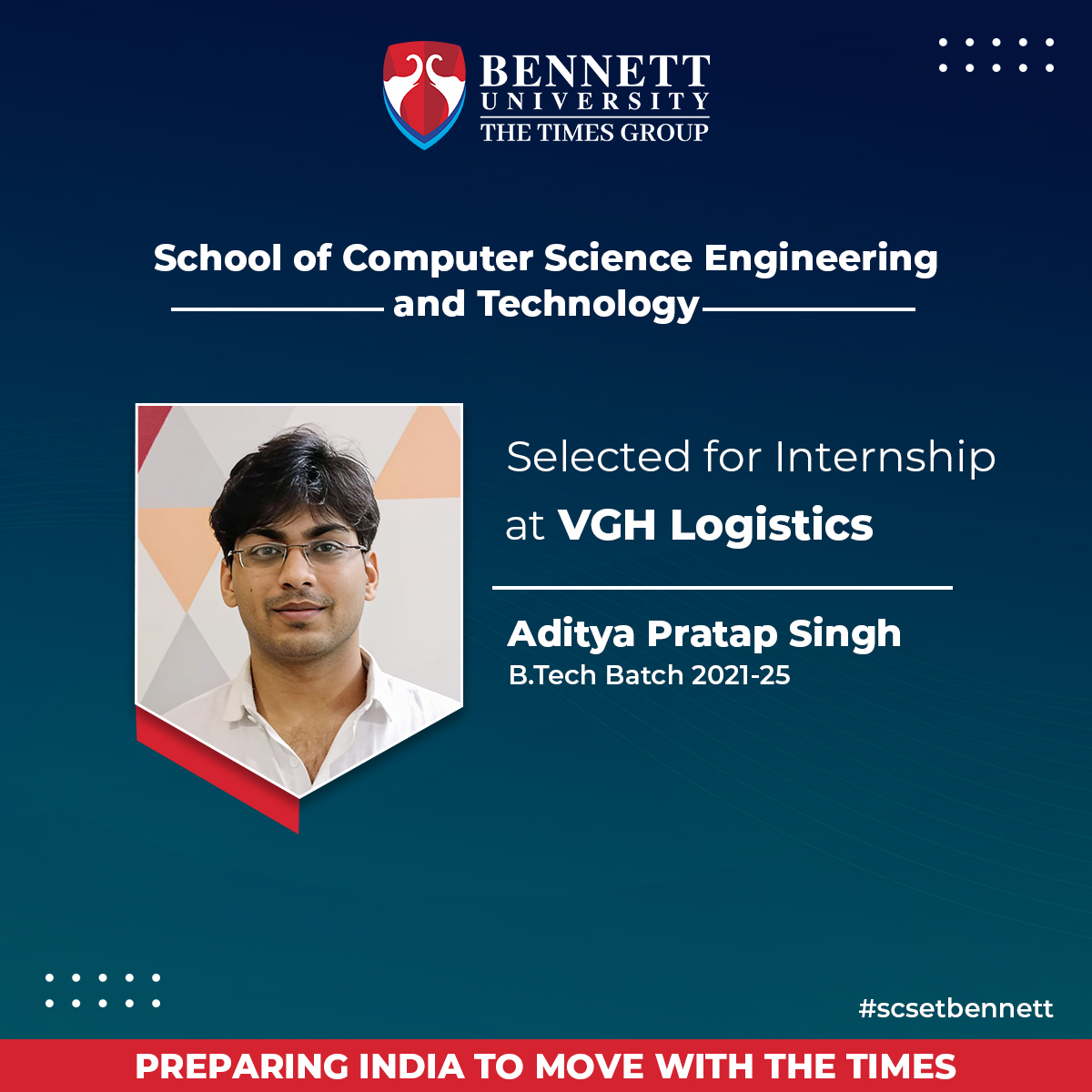 Congratulations to Aditya Pratap Singh (B.Tech. #scsetbennett), who has embarked on an exciting journey as a Junior System Design Engineer intern at VGH Logistics.
#bennettuniversity #BUAchievers #Bennettians #internship #opportunity #developer #industryready