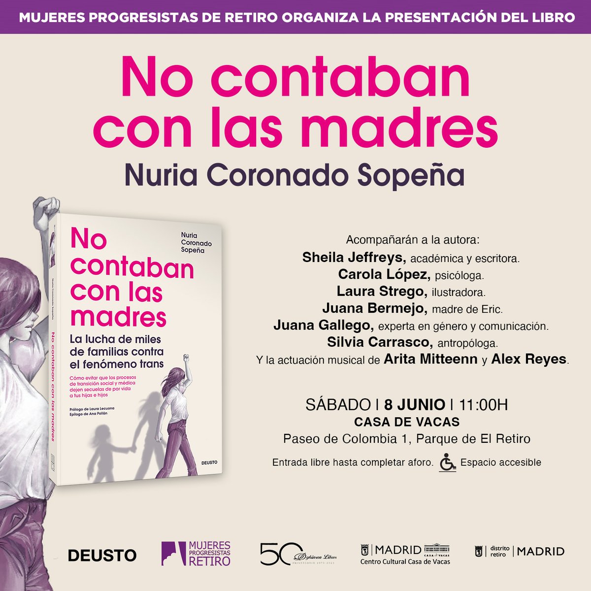He querido que esta presentación sea muy especial.
#NoContabanConLasMadres
La causa lo merece:
🧑‍🦰Sheila Jeffreys
🙋<a href="/mamaresiliente/">Carola López Moya</a>
👩‍🦰<a href="/LauraStrego/">Laura Strego</a>
🧑<a href="/JuanaB1963/">J.Eric Bermejo</a>
👩‍🦰<a href="/juana_gallego/">Juana Gallego</a>
🧑‍🦰<a href="/SilviaCarrascoP/">Silvia Carrasco #ContraLaMisèriaiLaIgnorància #XX</a>
👩<a href="/aritam_cem/">Arita Mitteenn</a>
y mis queridas🫂@AMProgesRetiro
Será el sábado 8/6 a las 11.00
¿Venís?