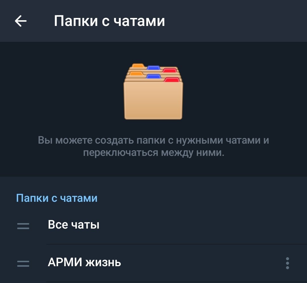 Моя главная папка в тг. Там чаты со всеми моими семейками на споти, каналы по информированию арми и уже две группы по тестингу на АМ.
Люблю мою активную арми-жизнь.