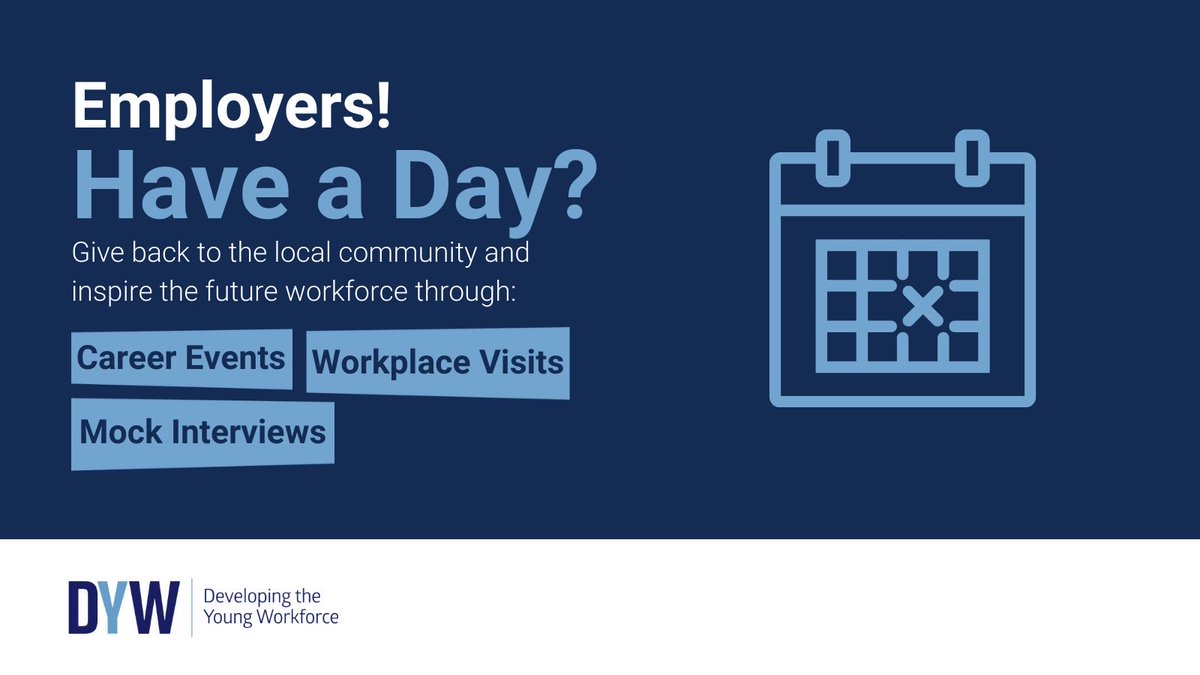 Employers📢

Raise awareness of your industry or organisation and inspire the future workforce through careers events, workplace visits and more.

Learn more and get involved: dyw.scot 

#ConnectingEmployers #DYWScot