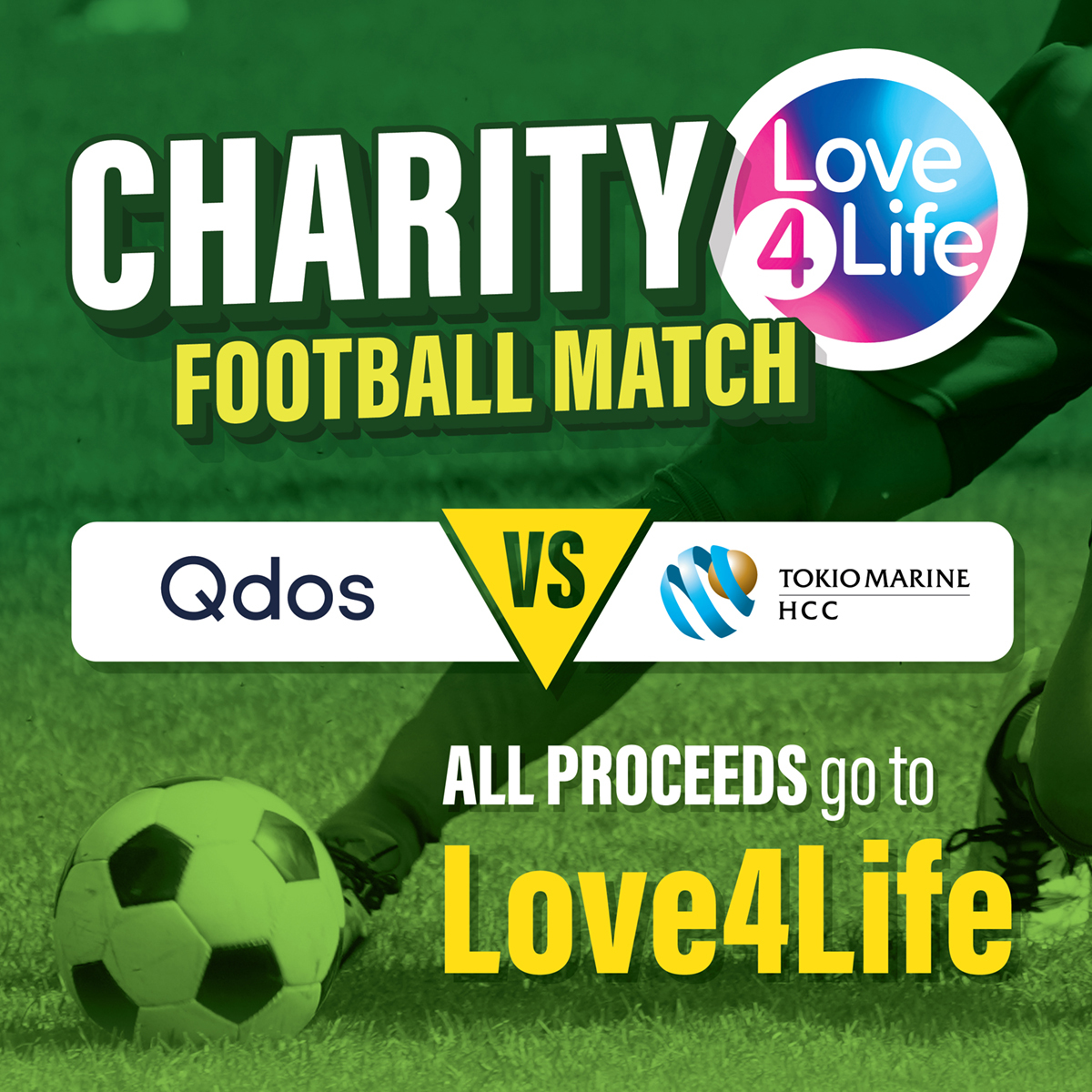 ⚽ Mark your calendars! <a href="/tokiomarinehcc/">Tokio Marine HCC</a> and Qdos are facing off in a charity football match to support <a href="/Love_4_LifeUK/">Love4Life</a>, an amazing organisation that empowers young people to build confidence and make positive choices.
 
Help us reach our fundraising goal: bit.ly/3wKc7Lb