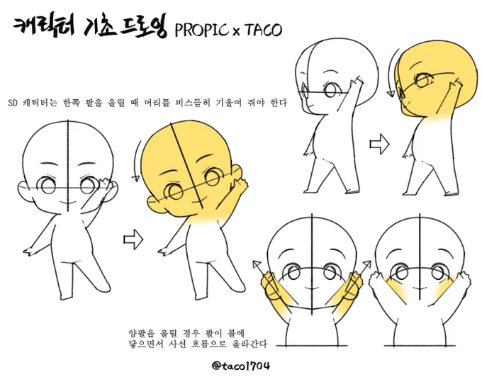SD 캐릭터는 한쪽 팔을 올릴 때 머리를 비스듬히 기울여 줘야 한다 
(양팔을 올릴 경우 팔이 볼에 닿으면서 사선으로 올라간다) 