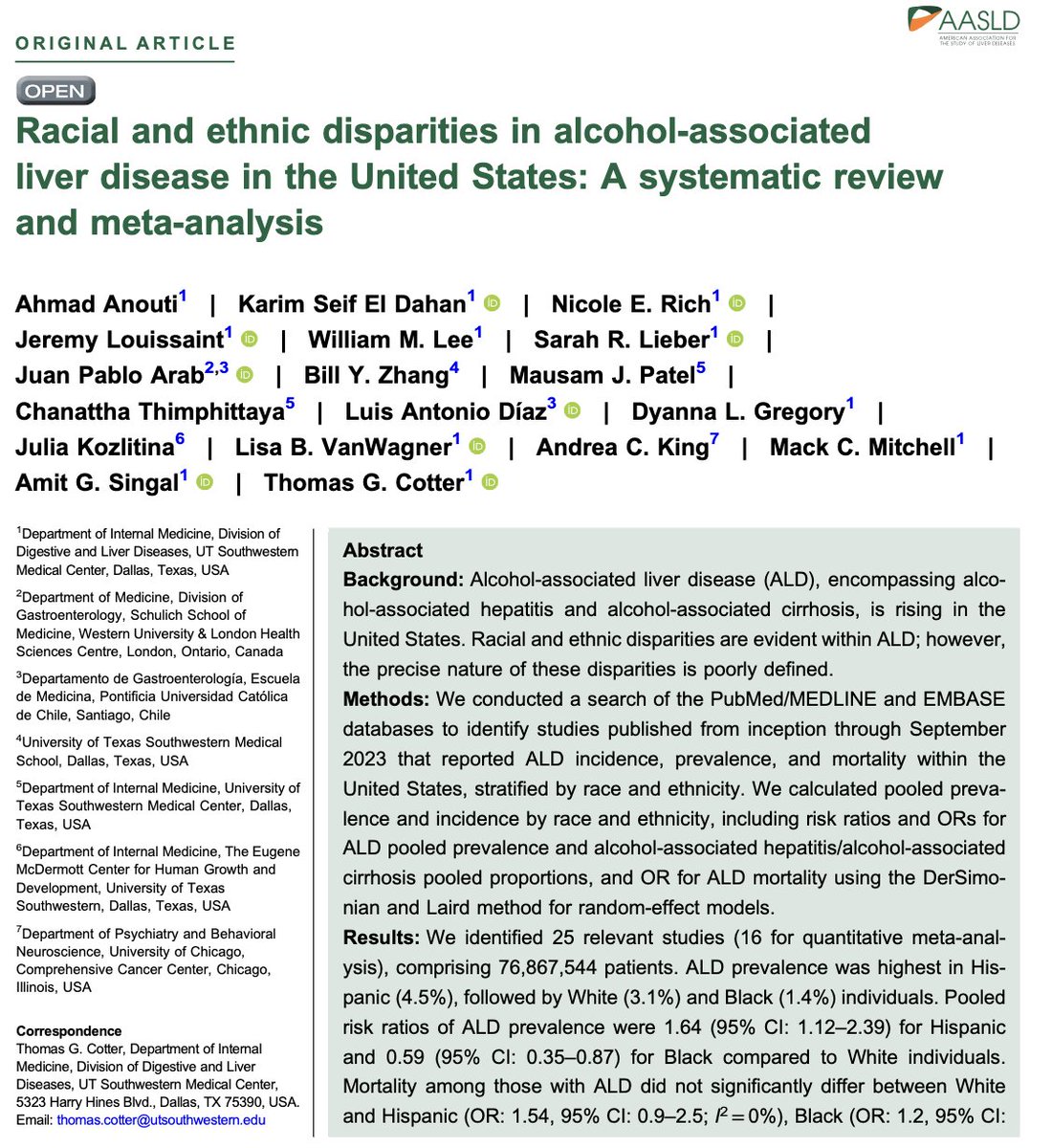 This large study including >76k patients with alcohol-associated liver disease from the USA shows: 🔸Hispanic people have increased susceptibility. 🔸African-american people are protected. Genetic predisposition plays a key role in ALD. @HepCommJournal #livertwitter