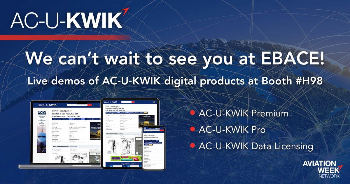 Streamline your pre-flight planning process and empower your business with AC-U-KWIK’s line of digital products. Come see us at the EBACE Aviation Week booth, #H98, and we’ll show you how!