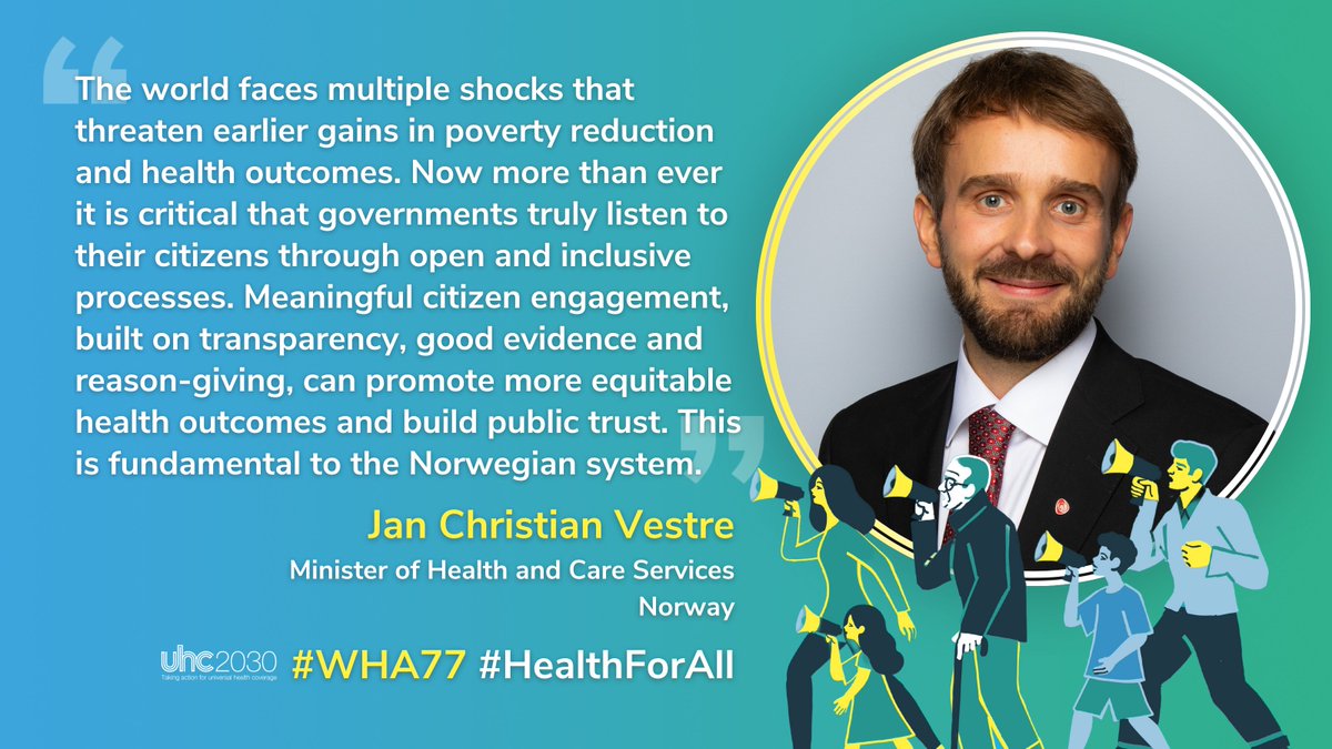 It is critical for governments to listen to their citizens through open and inclusive processes. Absolutely! @jcvestre emphasizes that #SocialParticipation, built on transparency and good evidence, builds public trust and accelerates progress on #UniversalHealthCoverage. #WHA77