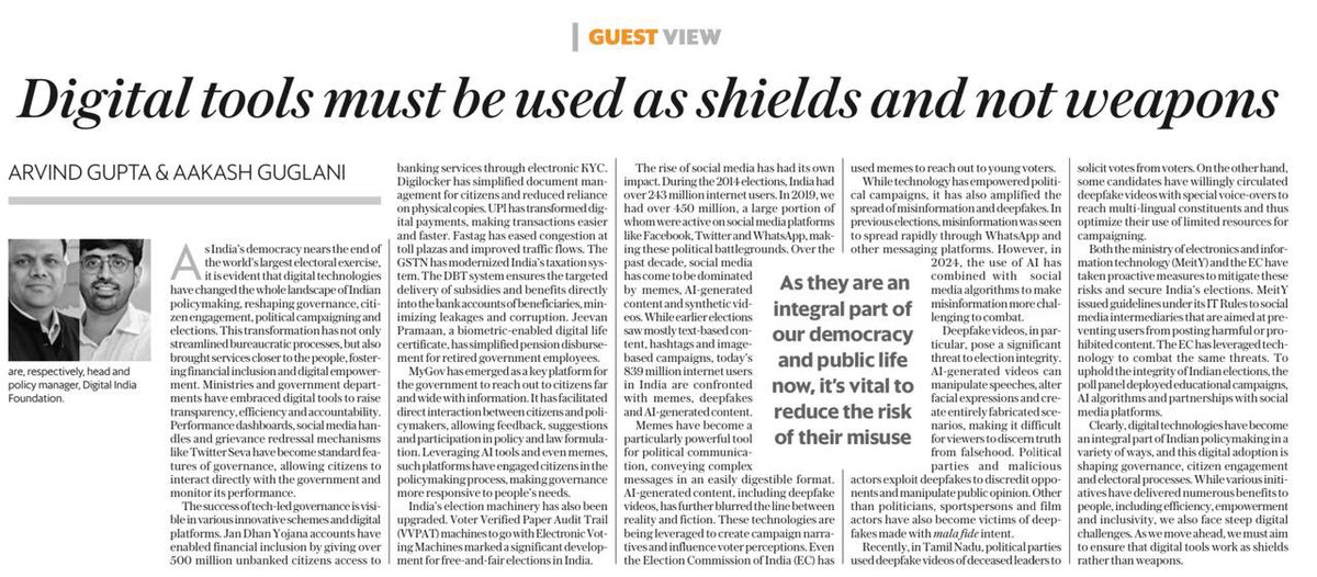 In our monthly series on Technology, Policy in India, @aakashguglani12 and I write for @livemint on how technology is impacting every part of citizen engagement, governance, political campaigns and election management. This brings with it opportunities and challenges and how