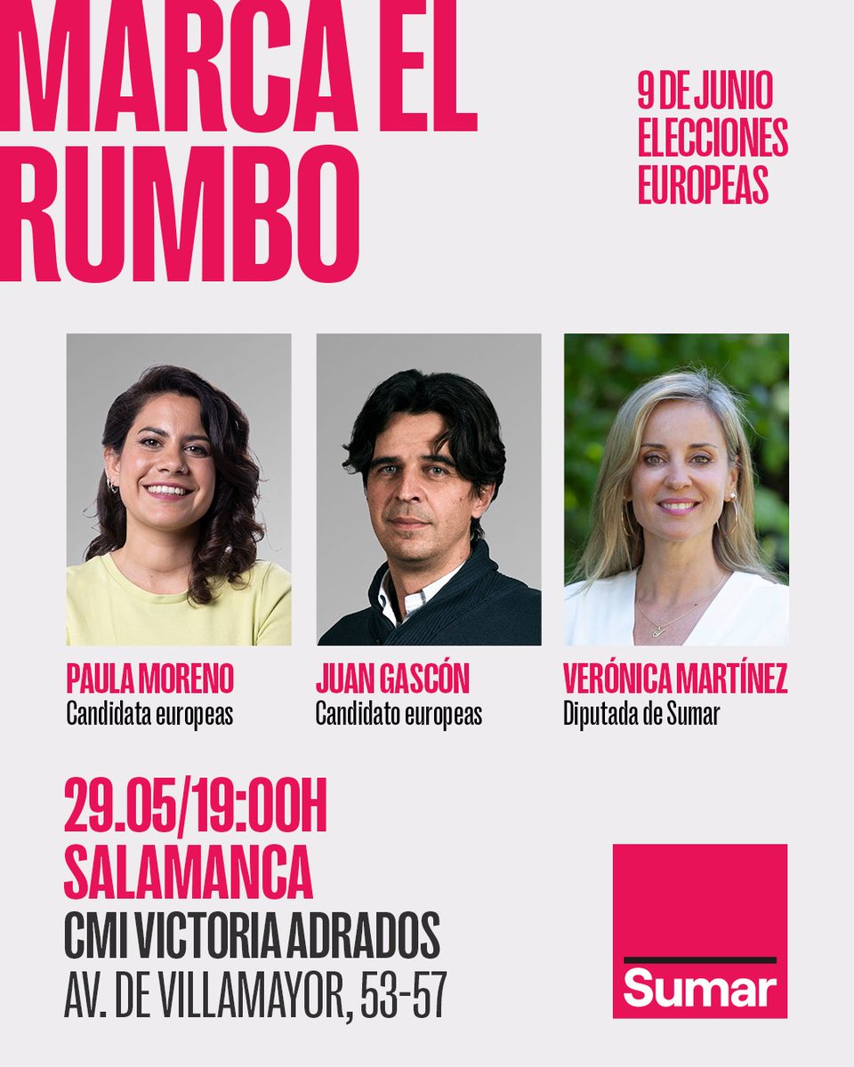 📢 Hoy tenemos Acto #MarcaElRumbo de campaña de #eleccioneseuropeas2024 con @paulaml89, <a href="/Juan_Gascon/">Juan Gascón 🔻</a> y <a href="/m_barbero/">Verónica M. Barbero</a>.

🕖 A las 19:00.

📍 En el CMI Victoria Adrados, Avenida Villamayor, 53-57.

Vota a <a href="/sumar/">Sumar</a> 🩷