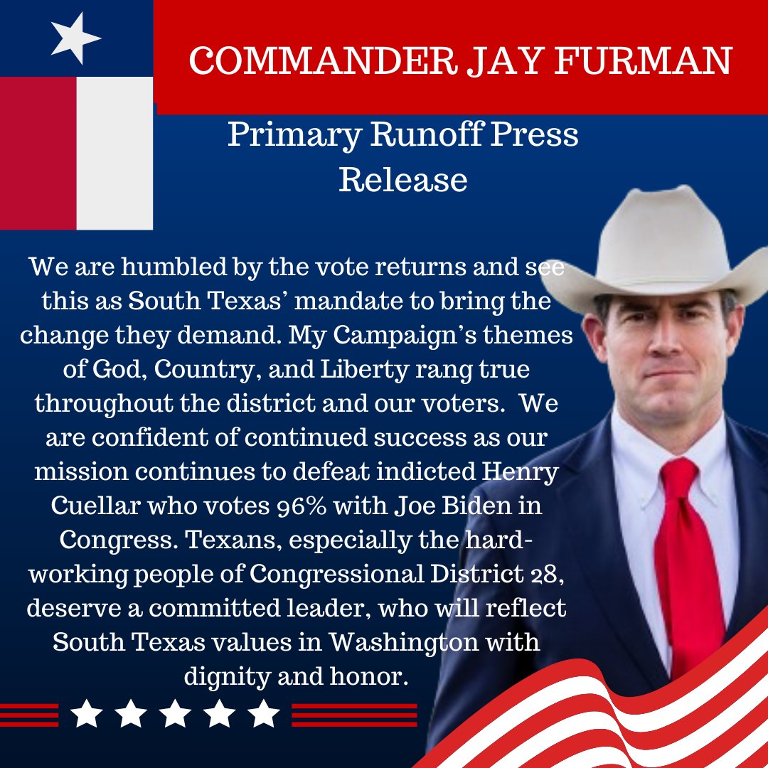 Primary Runoff #PressRelease #CD28 Thank you to South Texans who got out and made their voices heard! #TX28 #AtascosaCounty #BexarCounty #DuvalCounty #GuadalupeCounty #JimHoggCounty #McMullenCounty #StarrCounty #WebbCounty #ZapataCounty